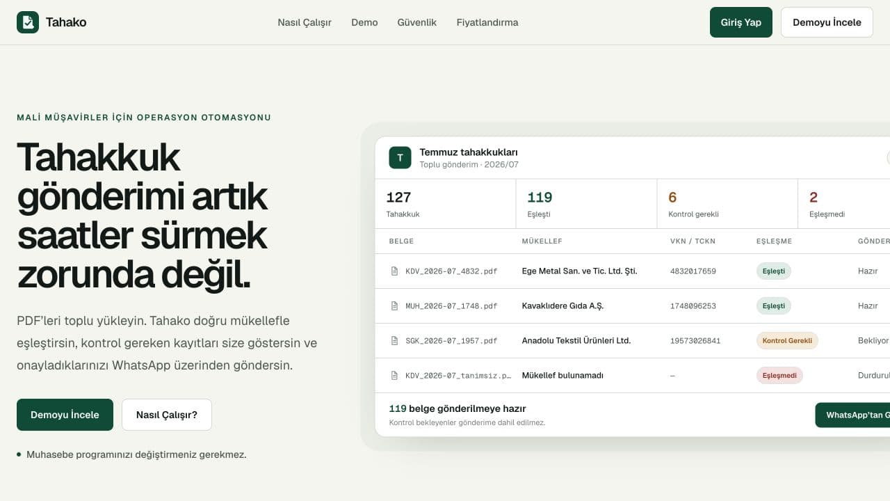Tahako mali müşavir operasyon otomasyonu sitesi